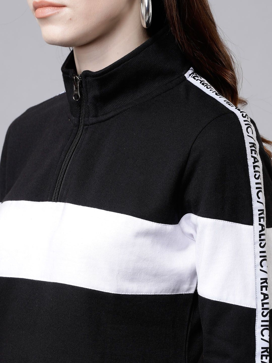 Tokyo Talkies Women Black & White Colourblocked Pullover Sweatshirt
