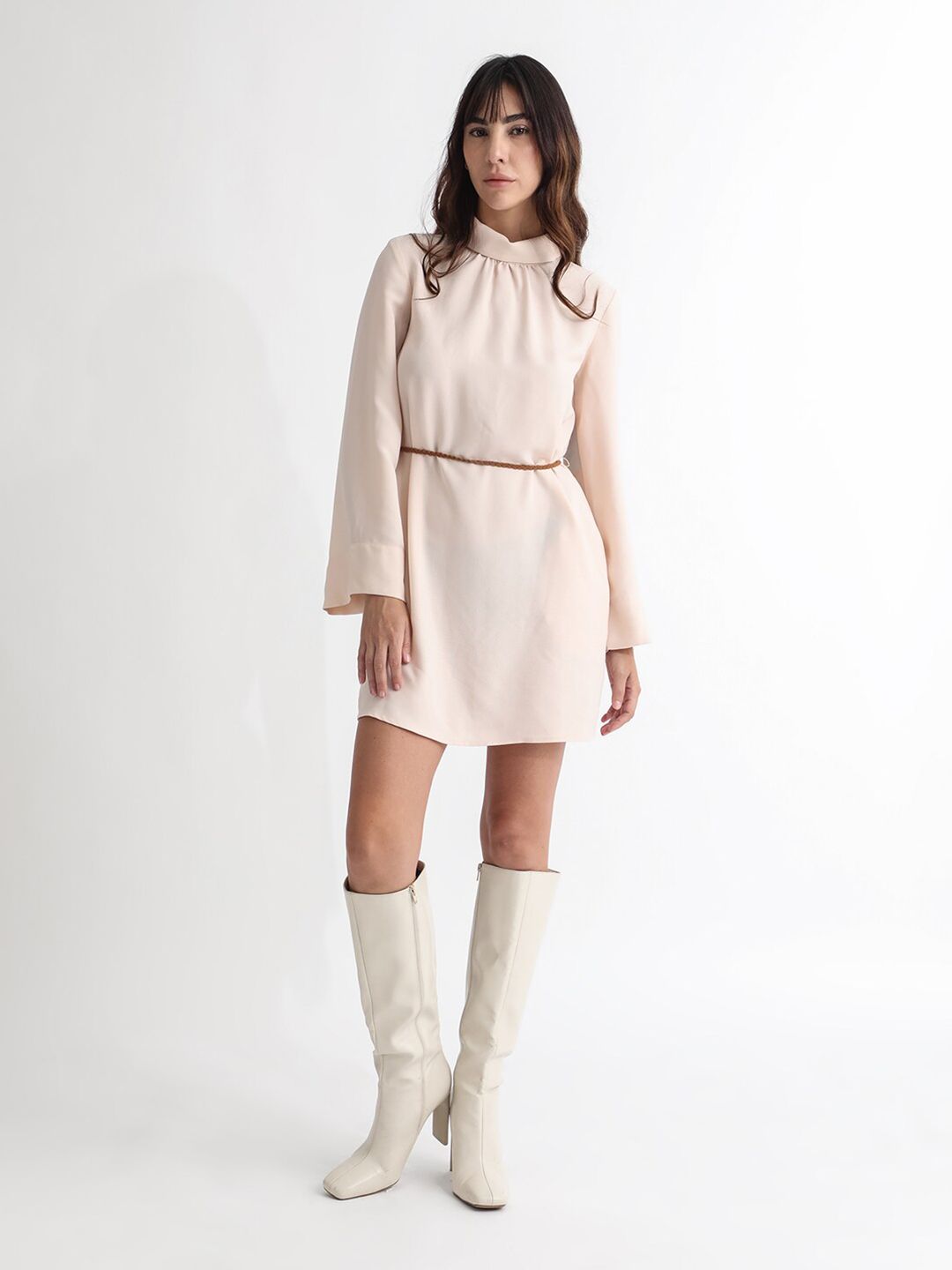 RAREISM High Neck Flared Sleeves A-Line Formal Dress With Suede Corded Belt