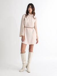 RAREISM High Neck Flared Sleeves A-Line Formal Dress With Suede Corded Belt