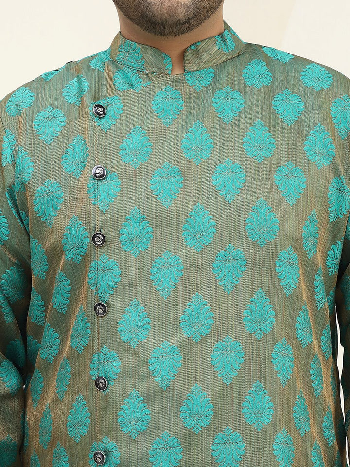 SOJANYA PLUS Size Men Green & Copper Woven Design Indie Prints Jacquard Kurta