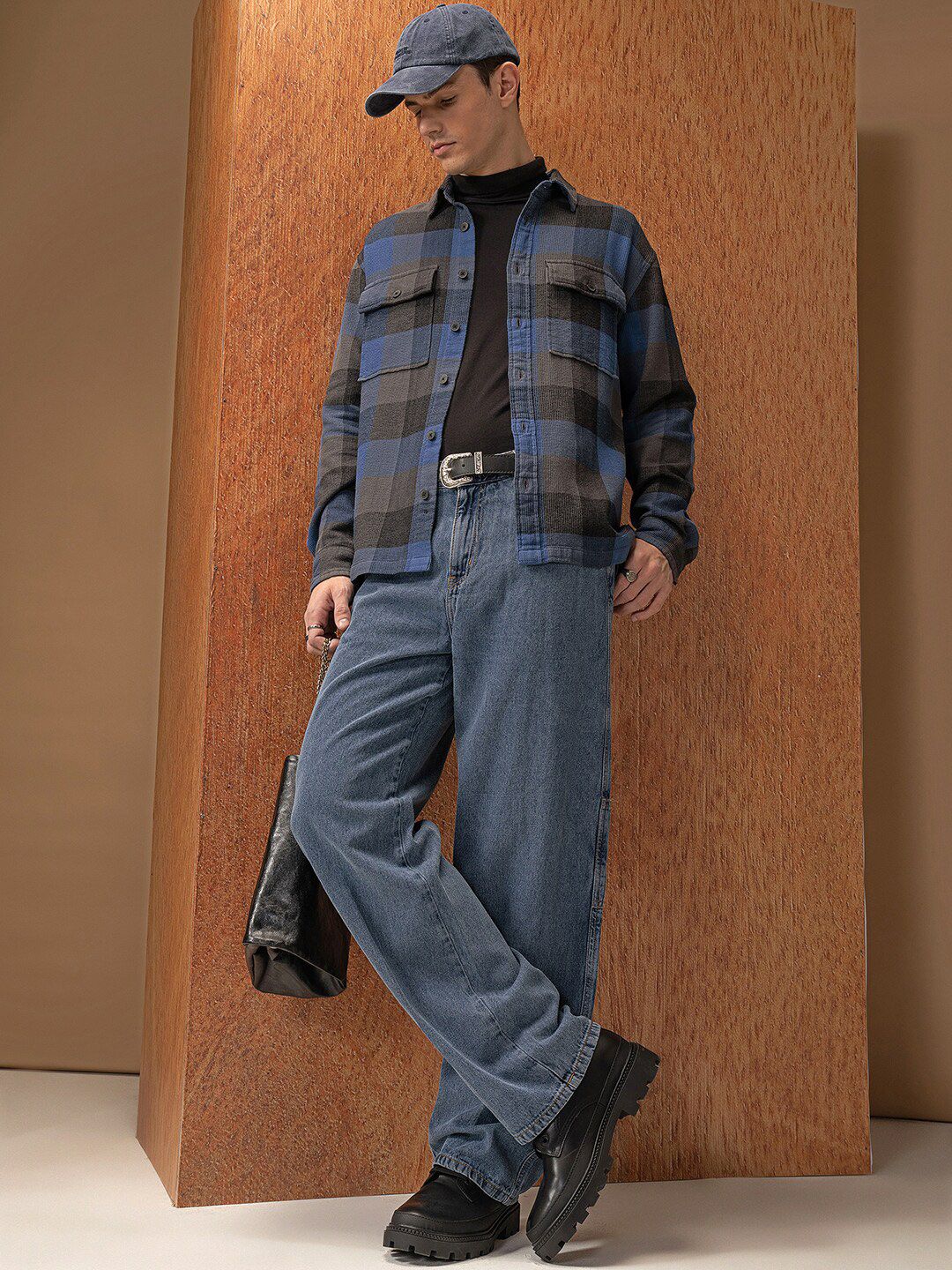 Locomotive Premium Men Blue Waffle Dobby Textured Checked Utility Pocket Overshirt