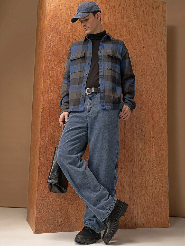 Locomotive Premium Men Blue Waffle Dobby Textured Checked Utility Pocket Overshirt