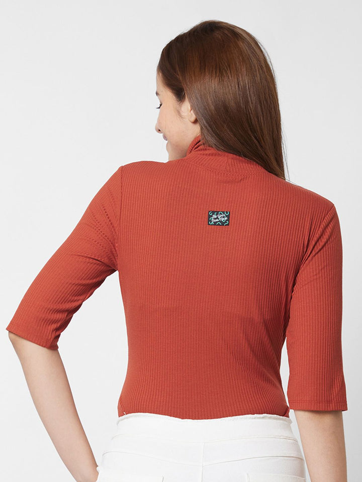 SPYKAR Women Brown High Neck Slim Fit T-shirt