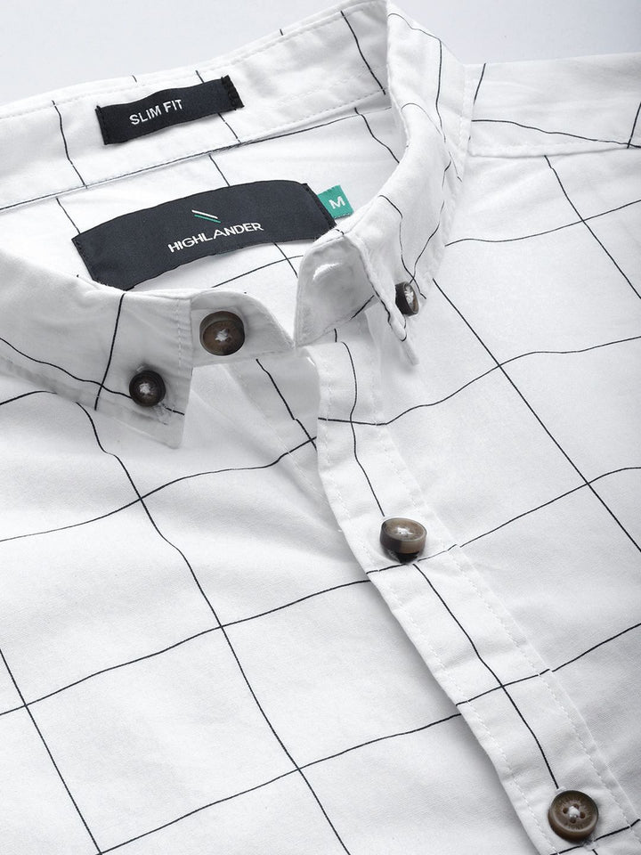 HIGHLANDER Men White & Blue Slim Fit Checked Casual Shirt