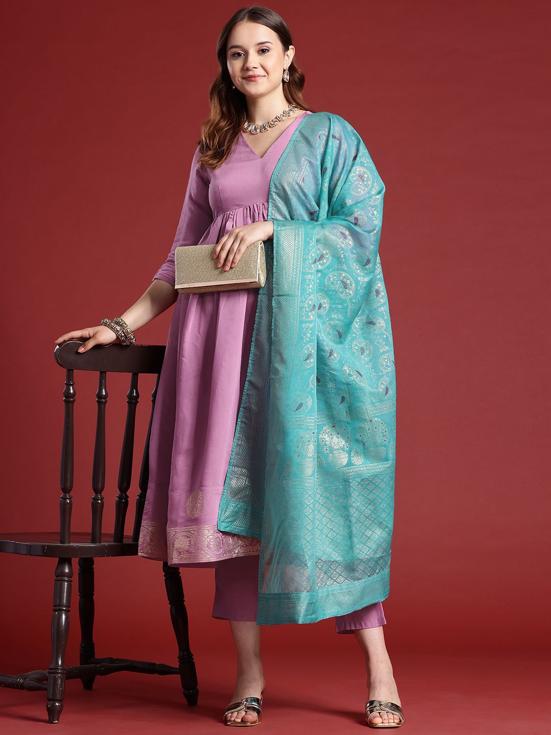 Anouk Women Floral Foil Printed Gathered Kurta With Trousers & With Dupatta