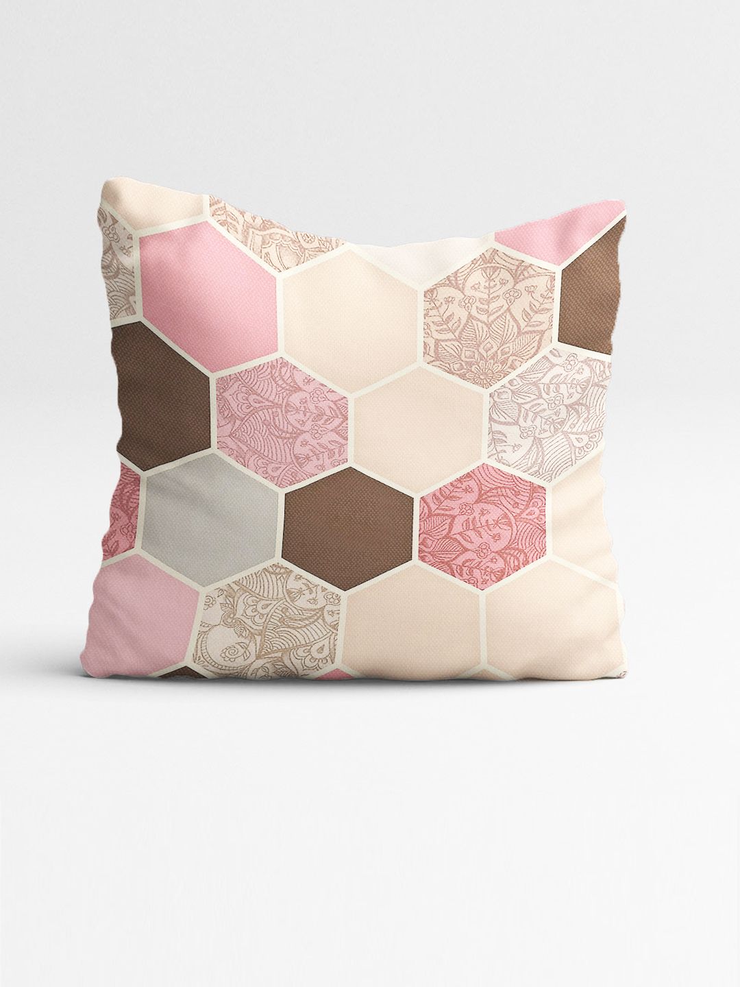 STITCHNEST Peach-Coloured & Cream-Coloured Set of 5 Geometric Square Cushion Covers