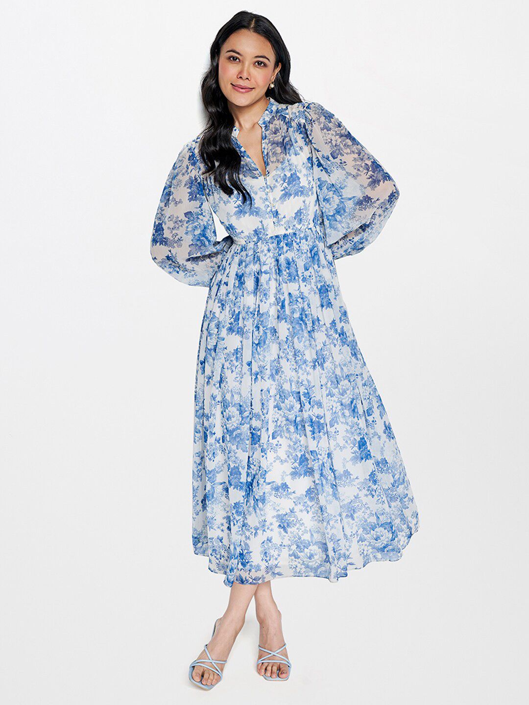 AND Floral Printed Mandarin Collar Puff Sleeve Gathered A-Line Maxi Dress