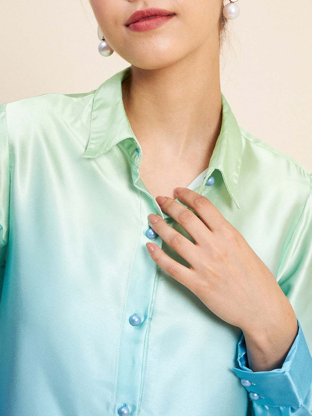 Antheaa Blue Ombre Printed Shirt Collar Long Sleeve Co-Ords