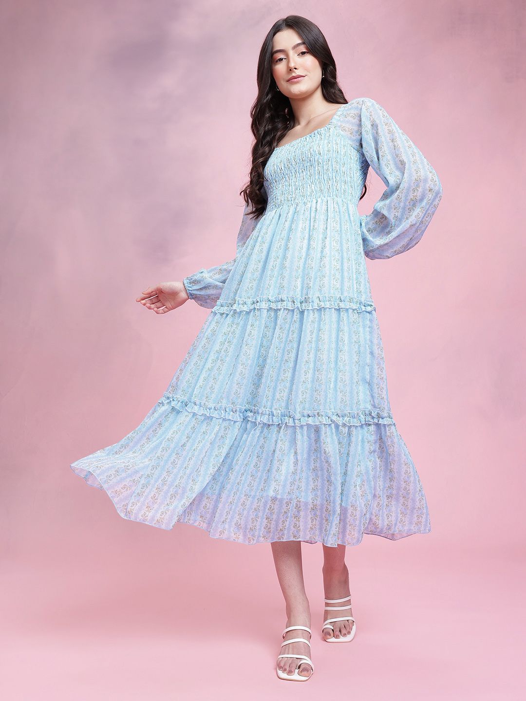 DressBerry Floral Print Smocked Ruffled Tiered Midi Dress