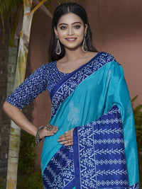 Saree mall Blue & White Ethnic Motifs Printed Art Silk Bagh Sarees