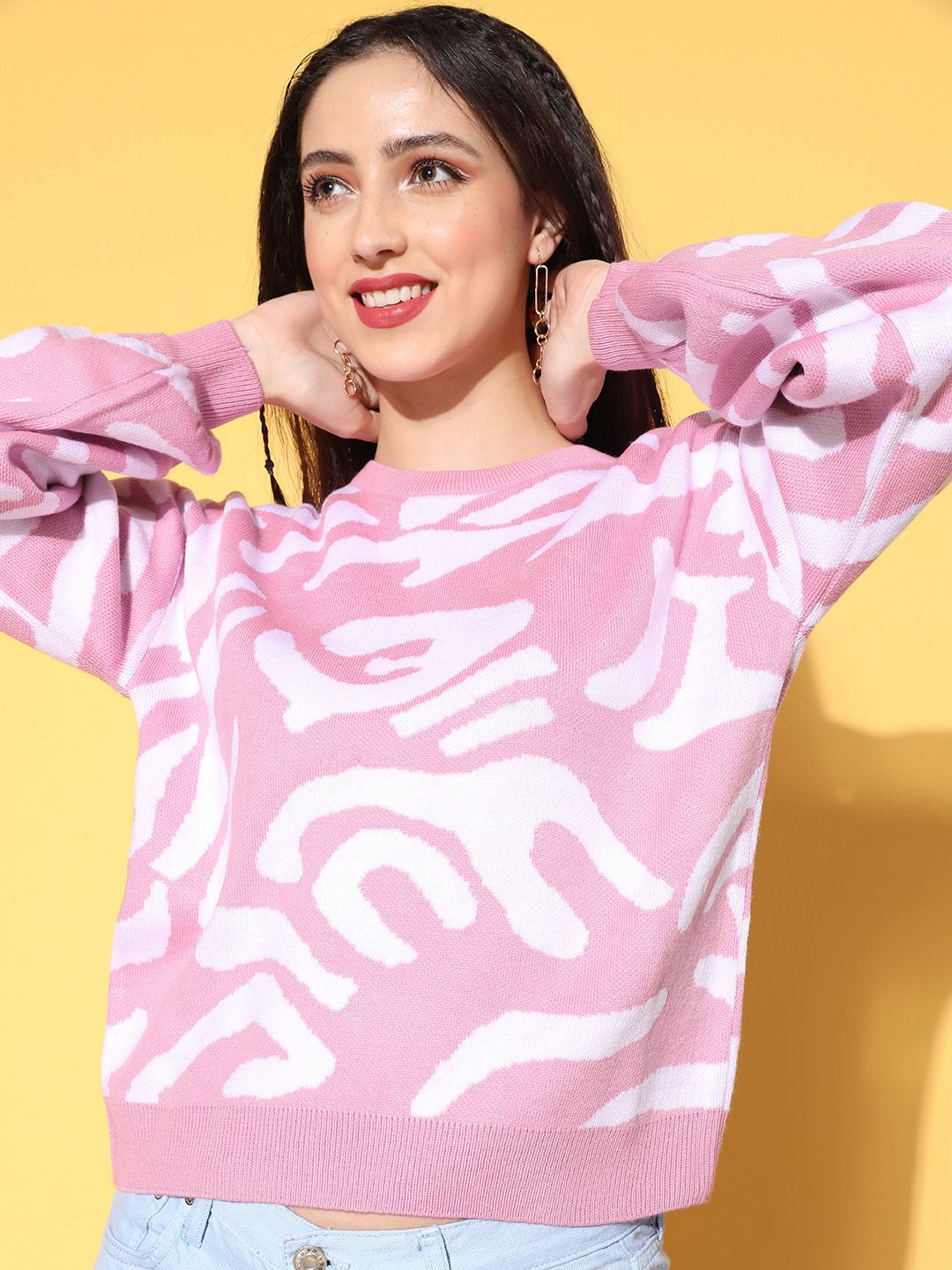 Berrylush Women Pink Abstract Knits Bits Sweater