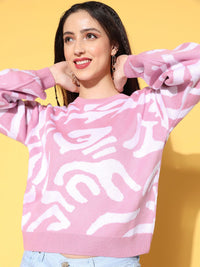 Berrylush Women Pink Abstract Knits Bits Sweater