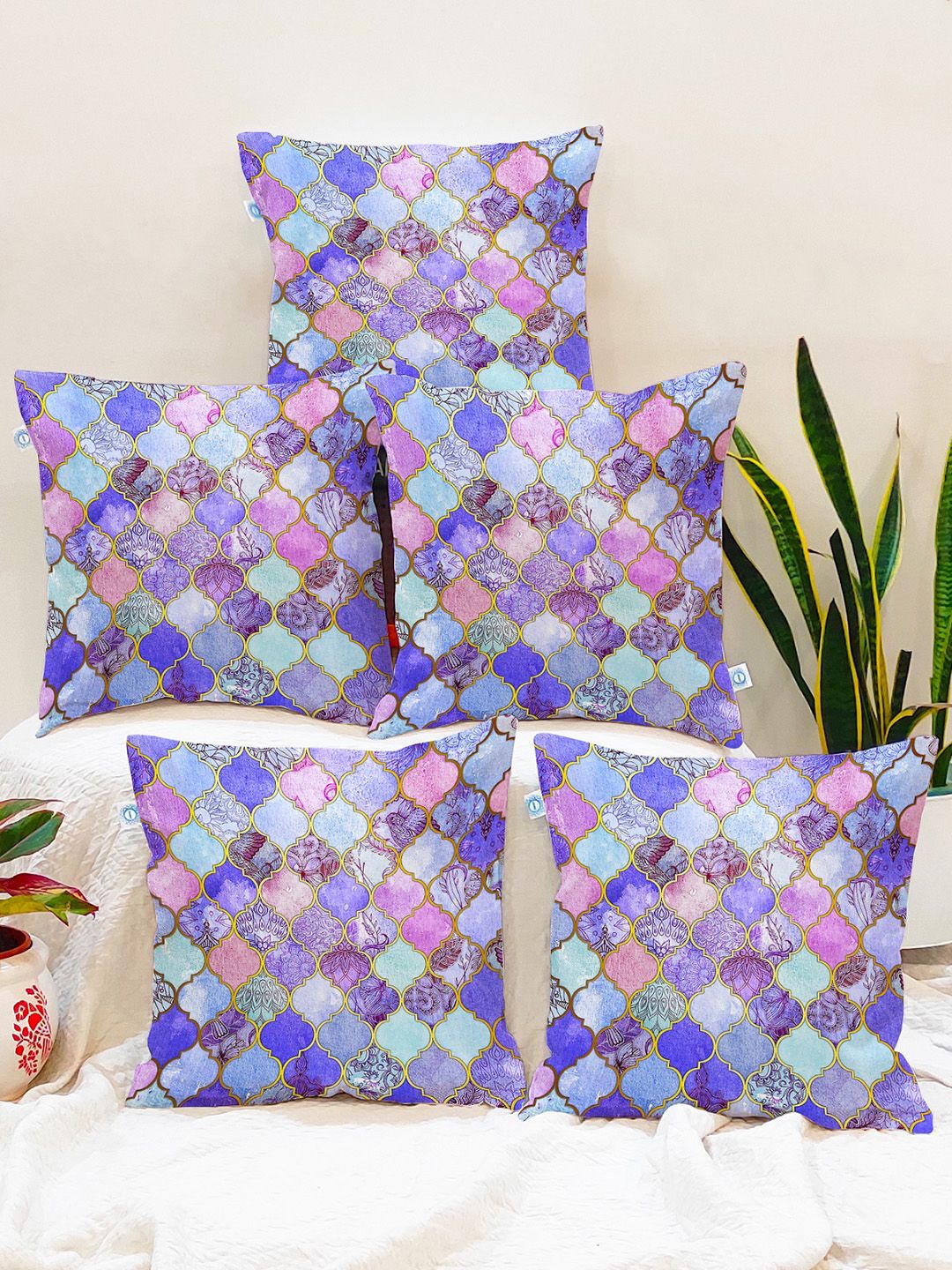 STITCHNEST Blue & Pink Set of 5 Geometric Square Cushion Covers