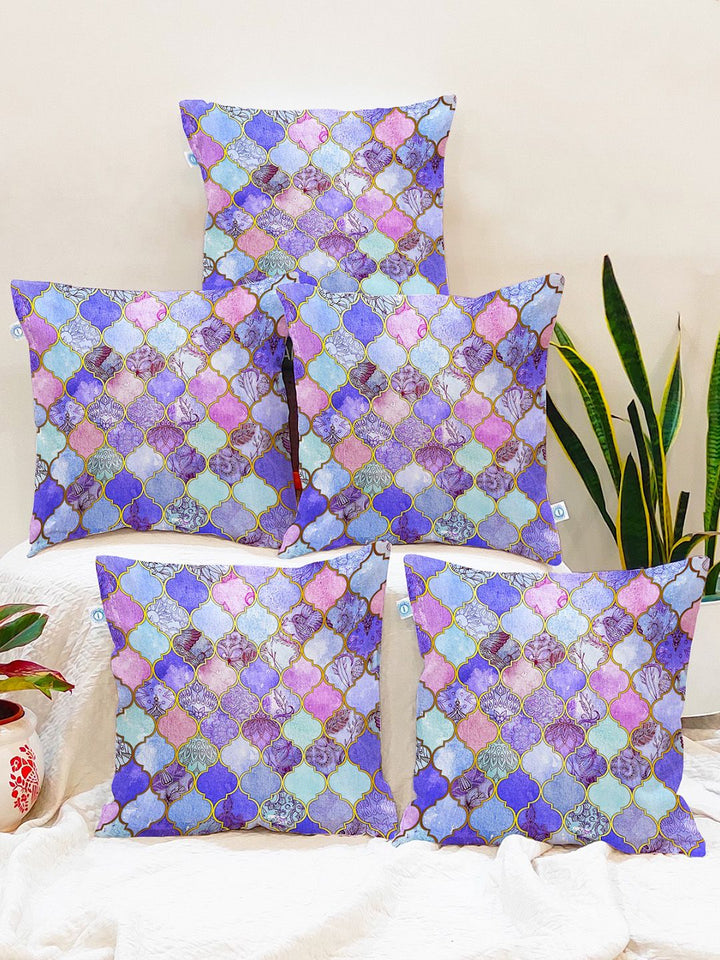 STITCHNEST Blue & Pink Set of 5 Geometric Square Cushion Covers