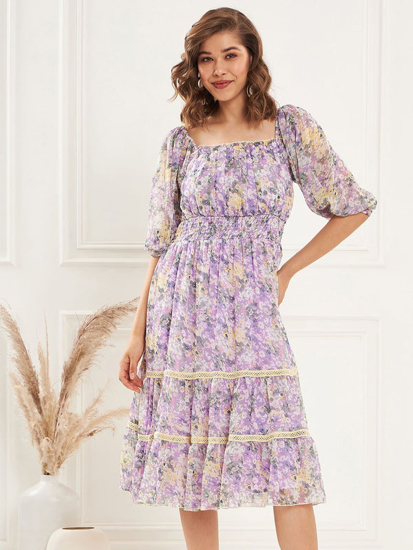 Antheaa Square Neck Floral Printed Tiered Chiffon Fit & Flare Midi Dress