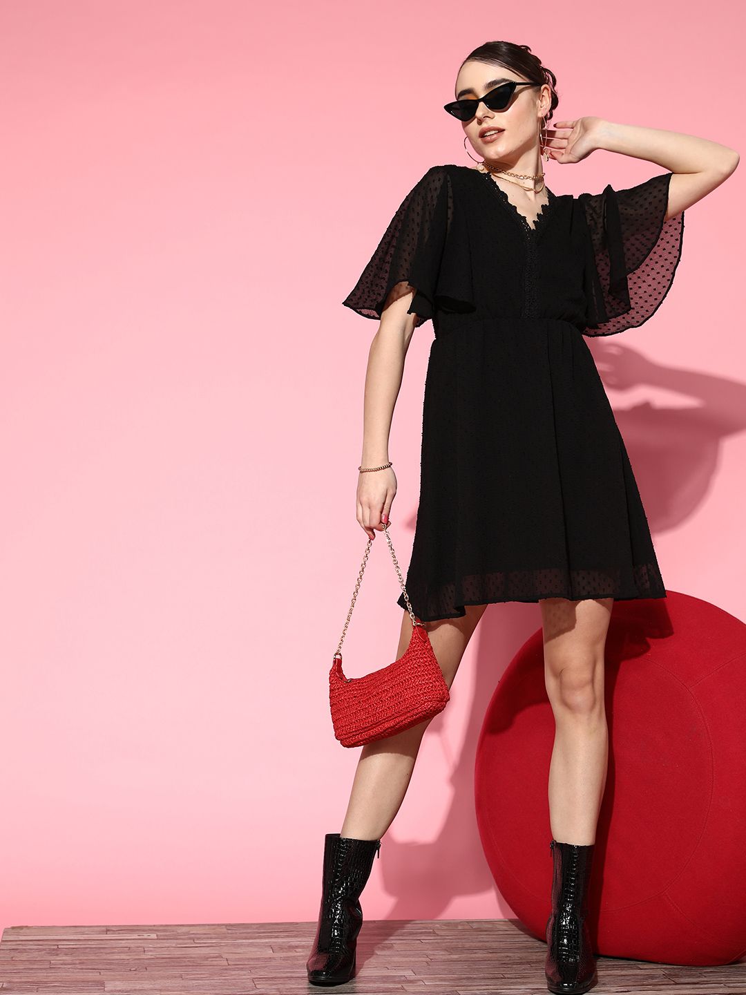 Berrylush Black Chiffon Flared Sleeves A-Line Mini Dress With Tie-Ups Detail