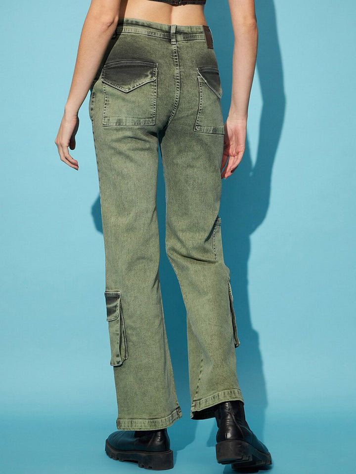 STREET 9 Women Green Heavy Fade Clean Look High-Rise Pure Cotton Wide Leg Cargos