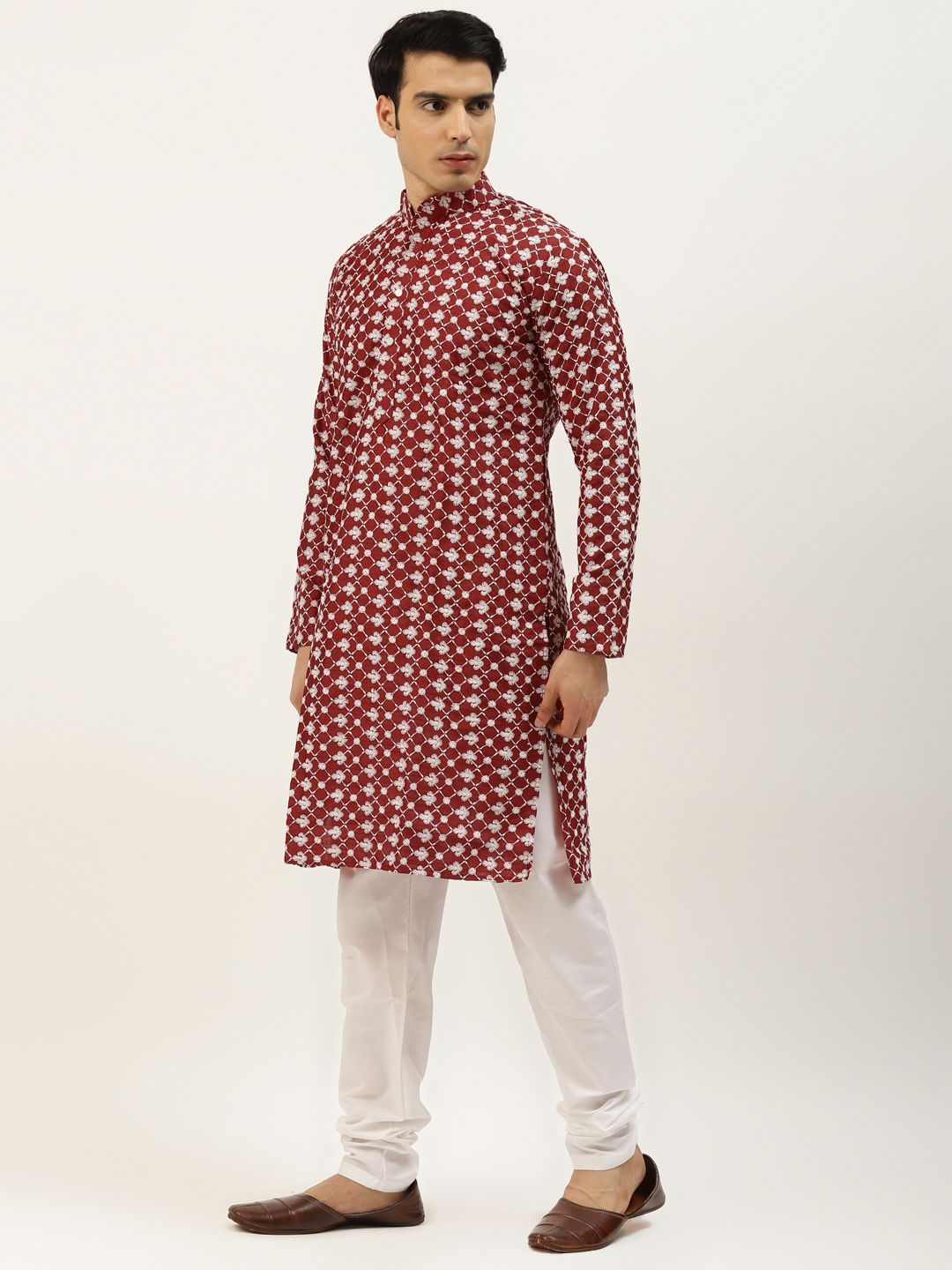 SOJANYA Men Maroon Ethnic Motifs Embroidered Thread Work Kurta with Churidar