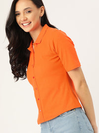 DressBerry Women Orange Ribbed Shirt Style Top