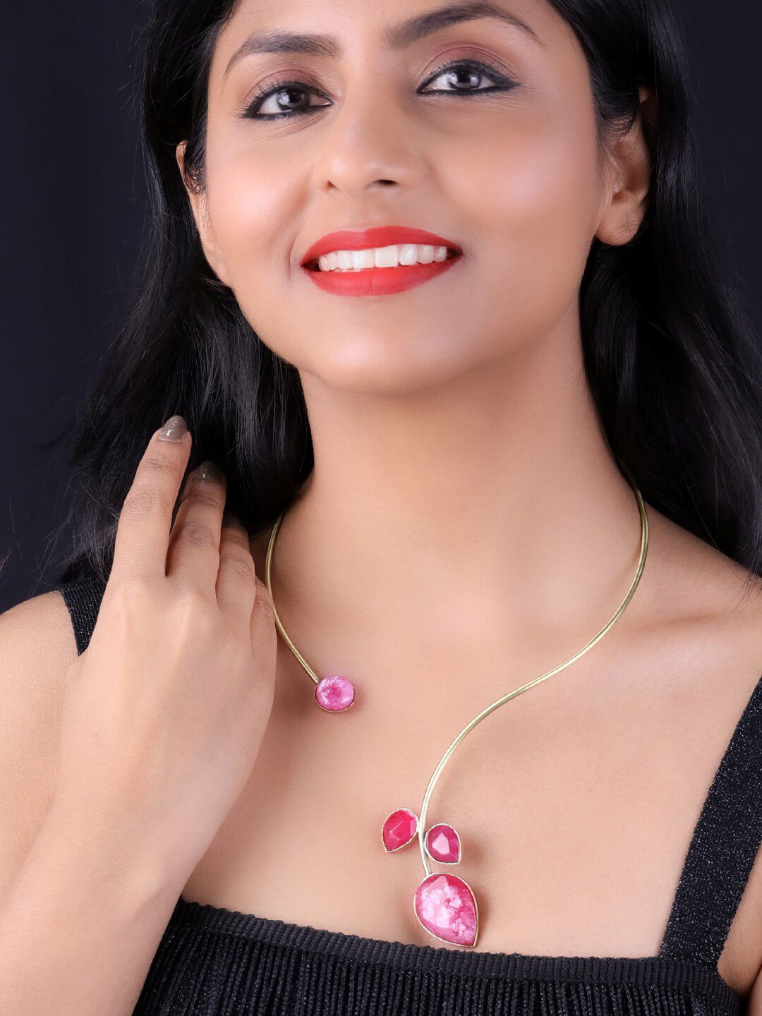 PANASH- Gold-Plated Pink Gemstone Stone Studded Necklace