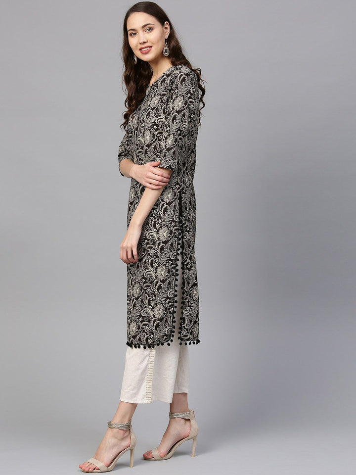 SOJANYA Women Black & Beige Printed Straight Kurta