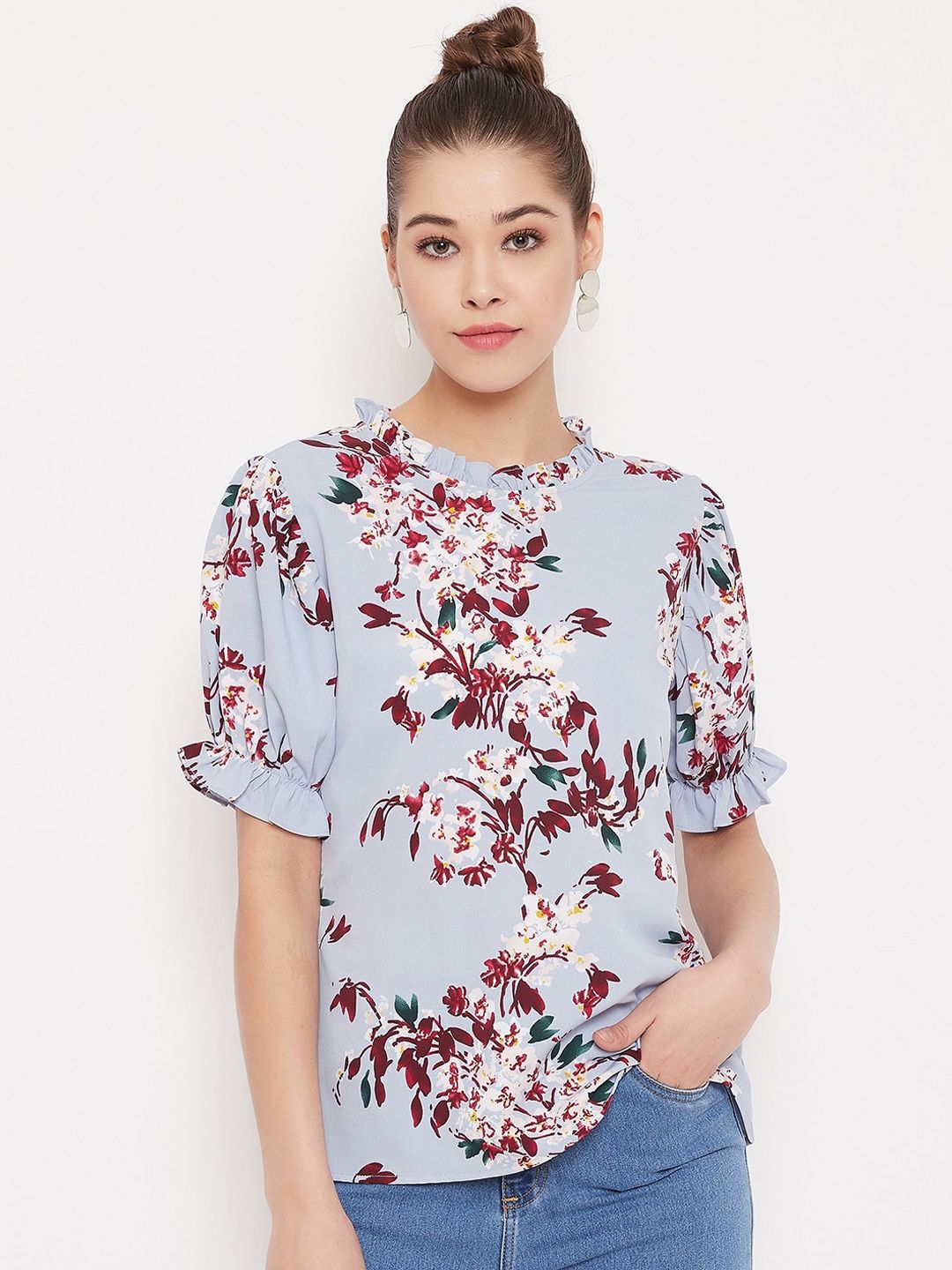 Berrylush Blue Floral Printed High Neck Top