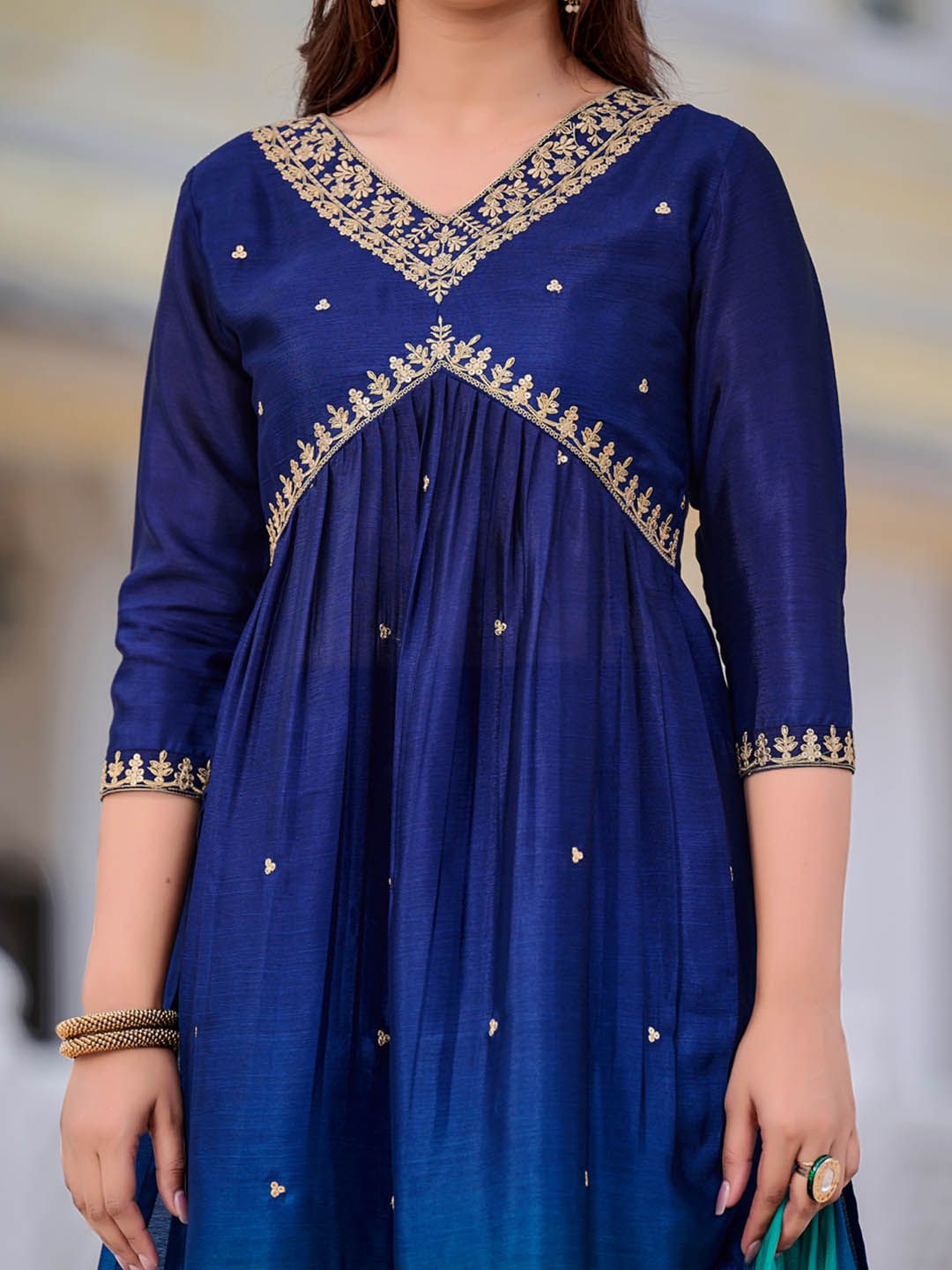 KALINI Ombre Dyed Empire Sequinned Anarkali Kurta with Trousers & Dupatta