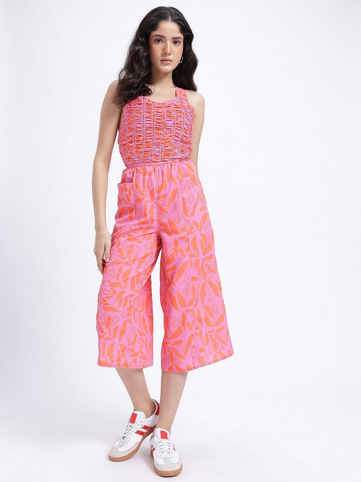 DressBerry Floral Printed Smocked Tie-Up Detail Jumpsuit