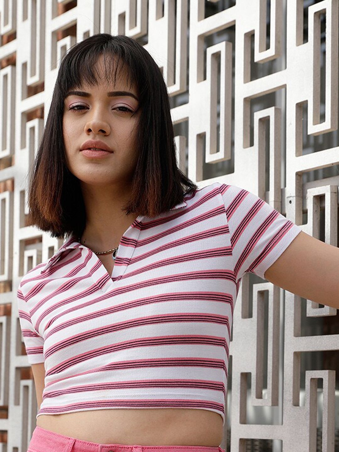 STREET 9 Pink & White Striped Polo Collar Crop Pure Cotton T-shirt