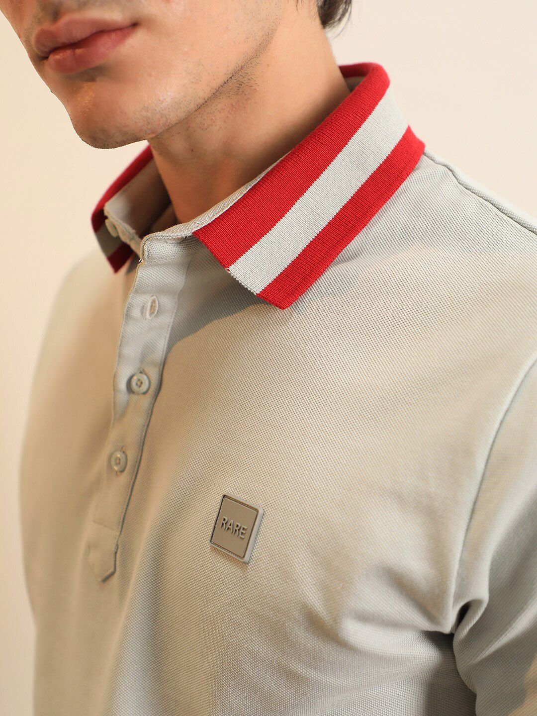 RARE RABBIT Men Divide Polo Collar Slim Fit Cotton T-Shirt