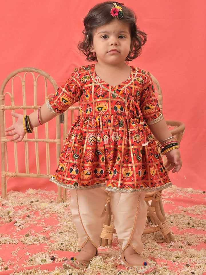 VASTRAMAY Girls Ethnic Motifs Printed Angrakha Kurta With Dhoti Pants