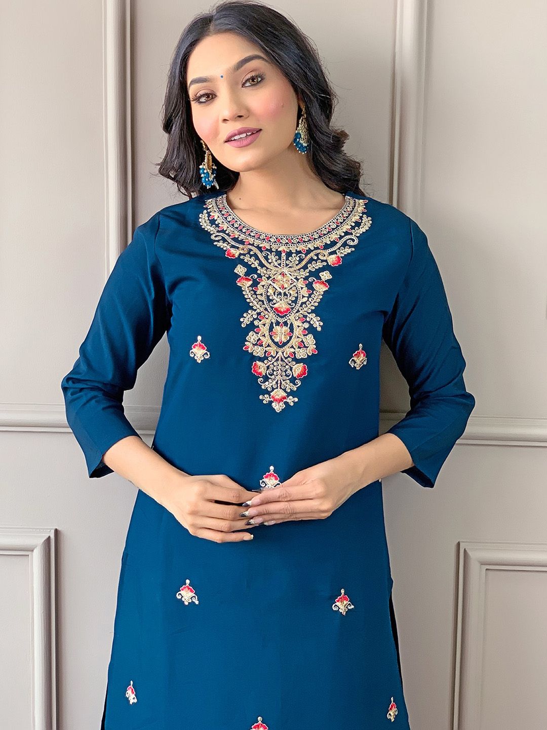 KALINI Floral Embroidered Regular Thread Work Straight Kurta With Trousers & Dupatta