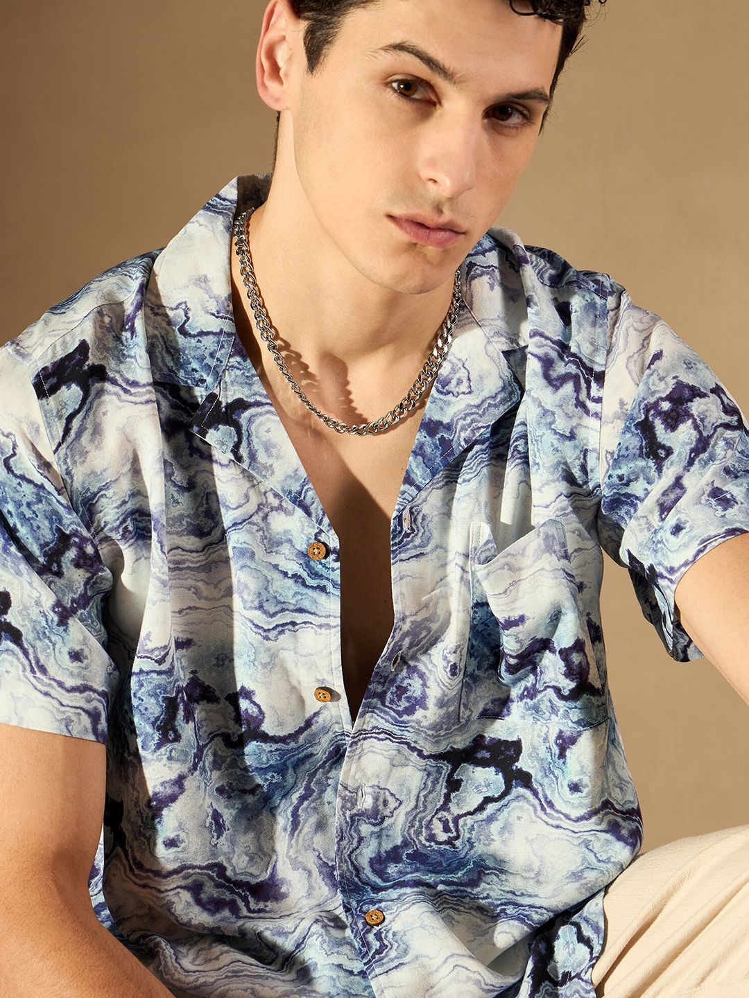 DENNISON Abstract Print Cuban Collar Smart Oversized Casual Shirt