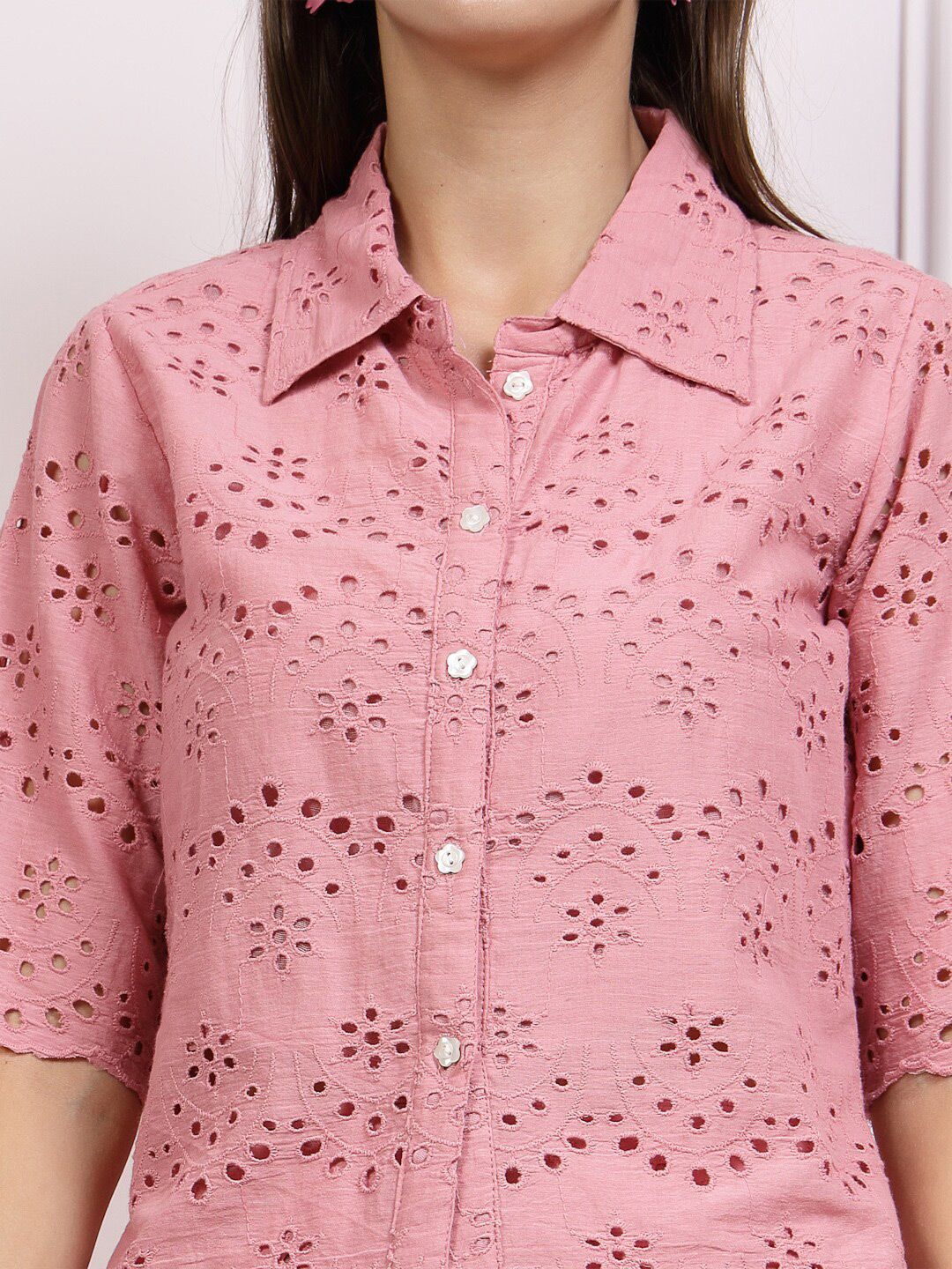 Athena Geometric Printed Shiffli Cotton Shirt Style Top