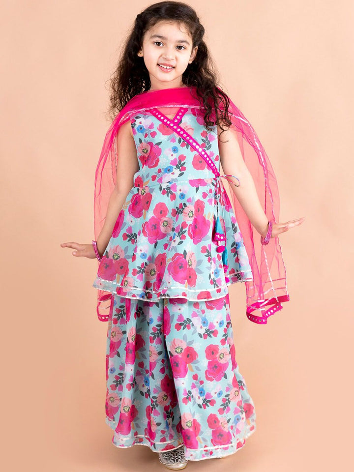 pspeaches Girls Floral Printed Angrakha Gotta Patti Kurti & Sharara With Dupatta