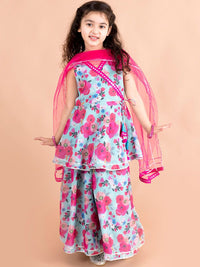 pspeaches Girls Floral Printed Angrakha Gotta Patti Kurti & Sharara With Dupatta