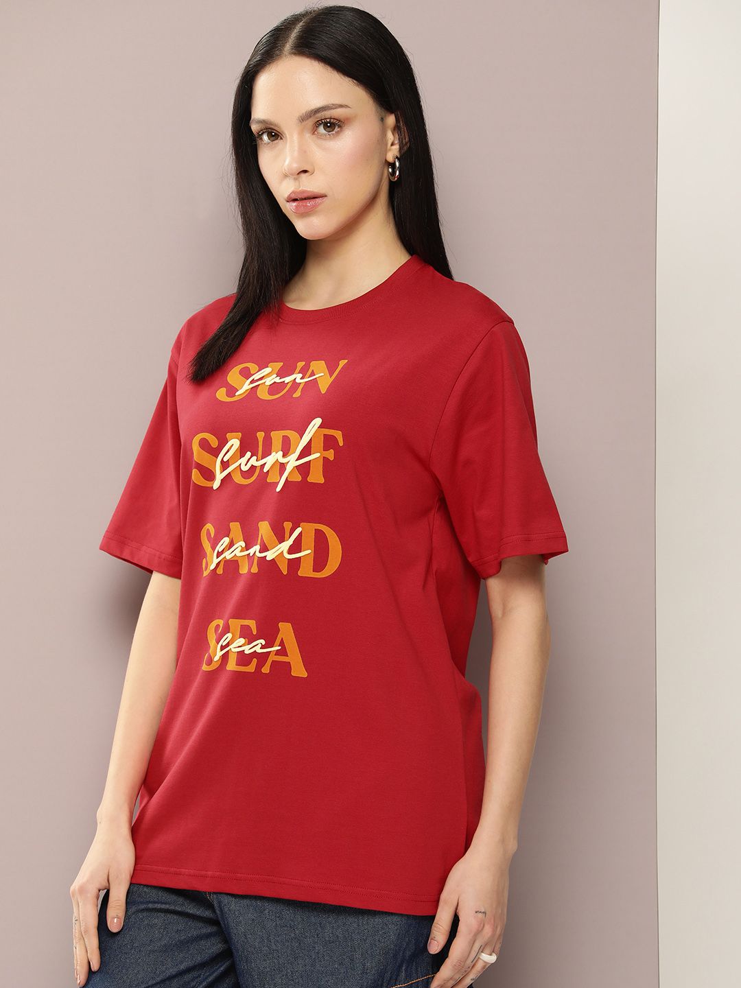 DILLINGER Women Typography Printed Embossed Oversized T-shirt
