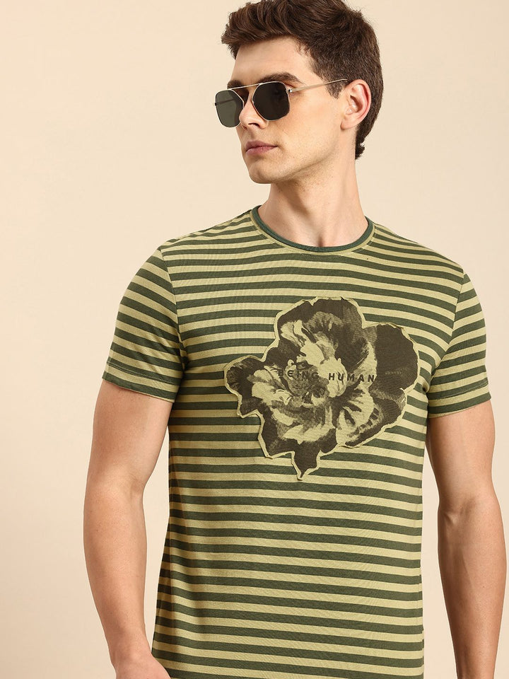 Being Human Pure Cotton Striped Applique T-shirt