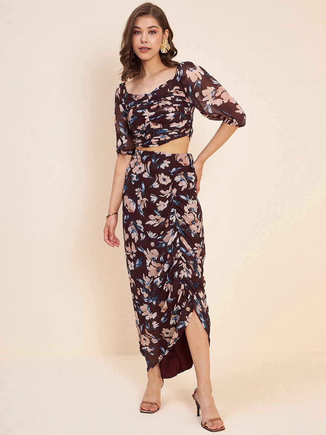 Antheaa Brown Rounched Floral Printed Square Neck Puff Sleeve Co-Ords