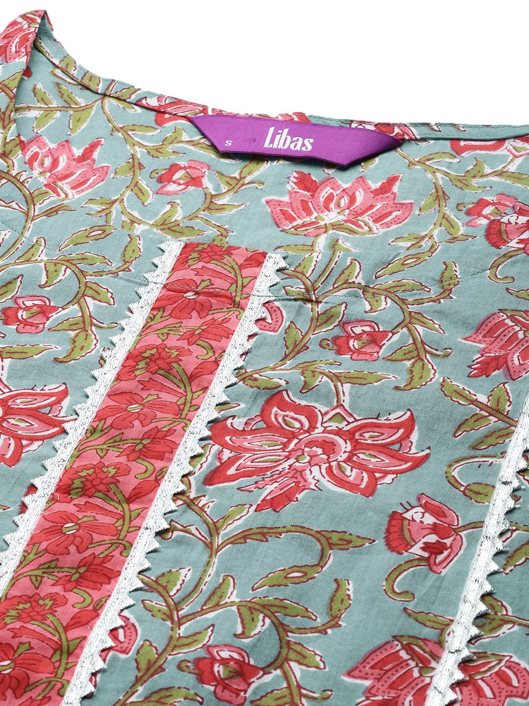 Libas Wanita Kelabu & Warna Peach Cetakan Bunga Kapas Kurta Palazzos Dupatta