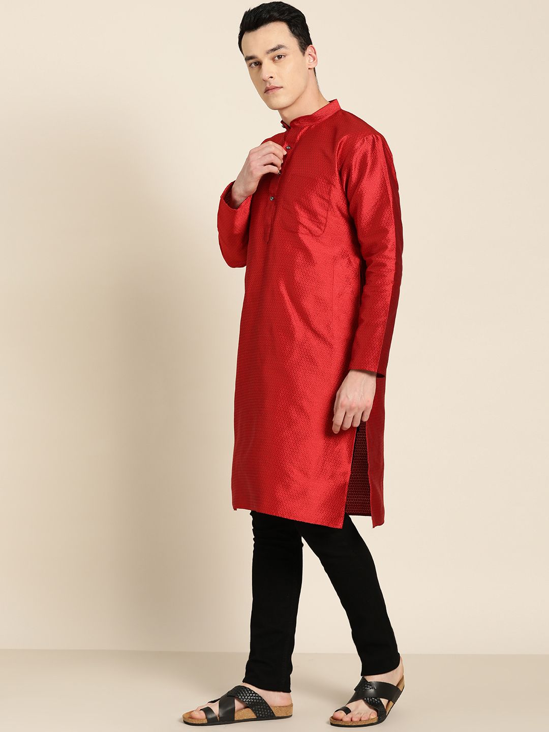 SOJANYA Men Red Woven Design Straight Kurta