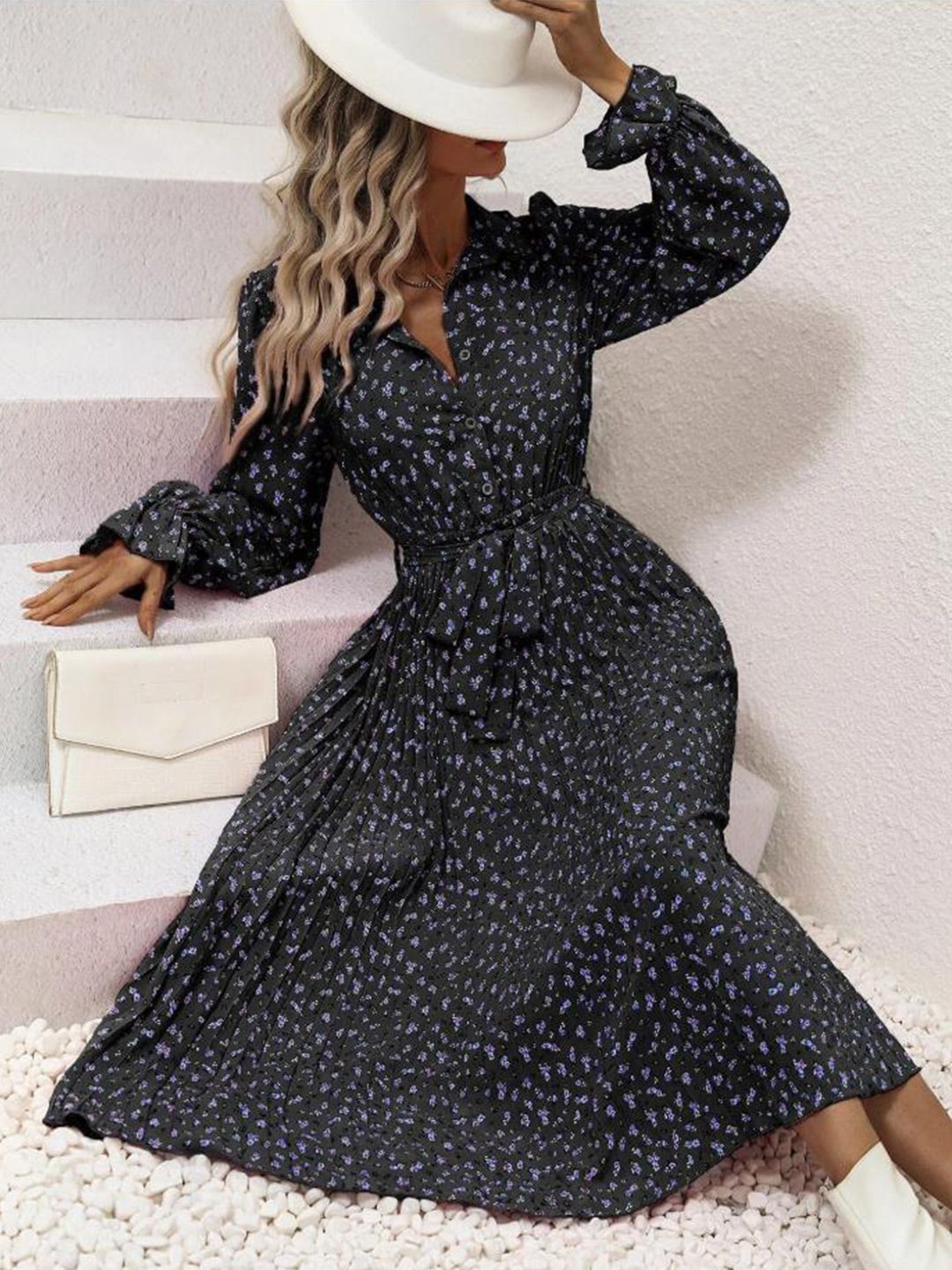 all about you Black Floral Print Bell Sleeve Fit and Flare Dress
