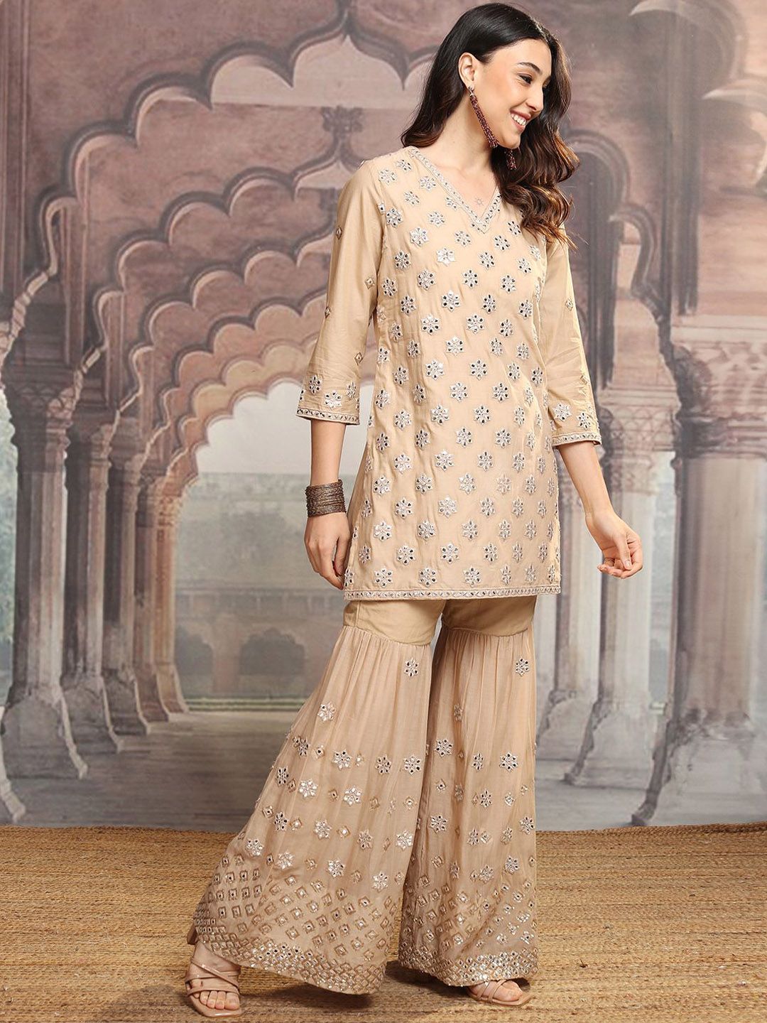 Vishudh Beige V Neck Floral Embroidered Regular Pure Cotton Straight Kurta Set