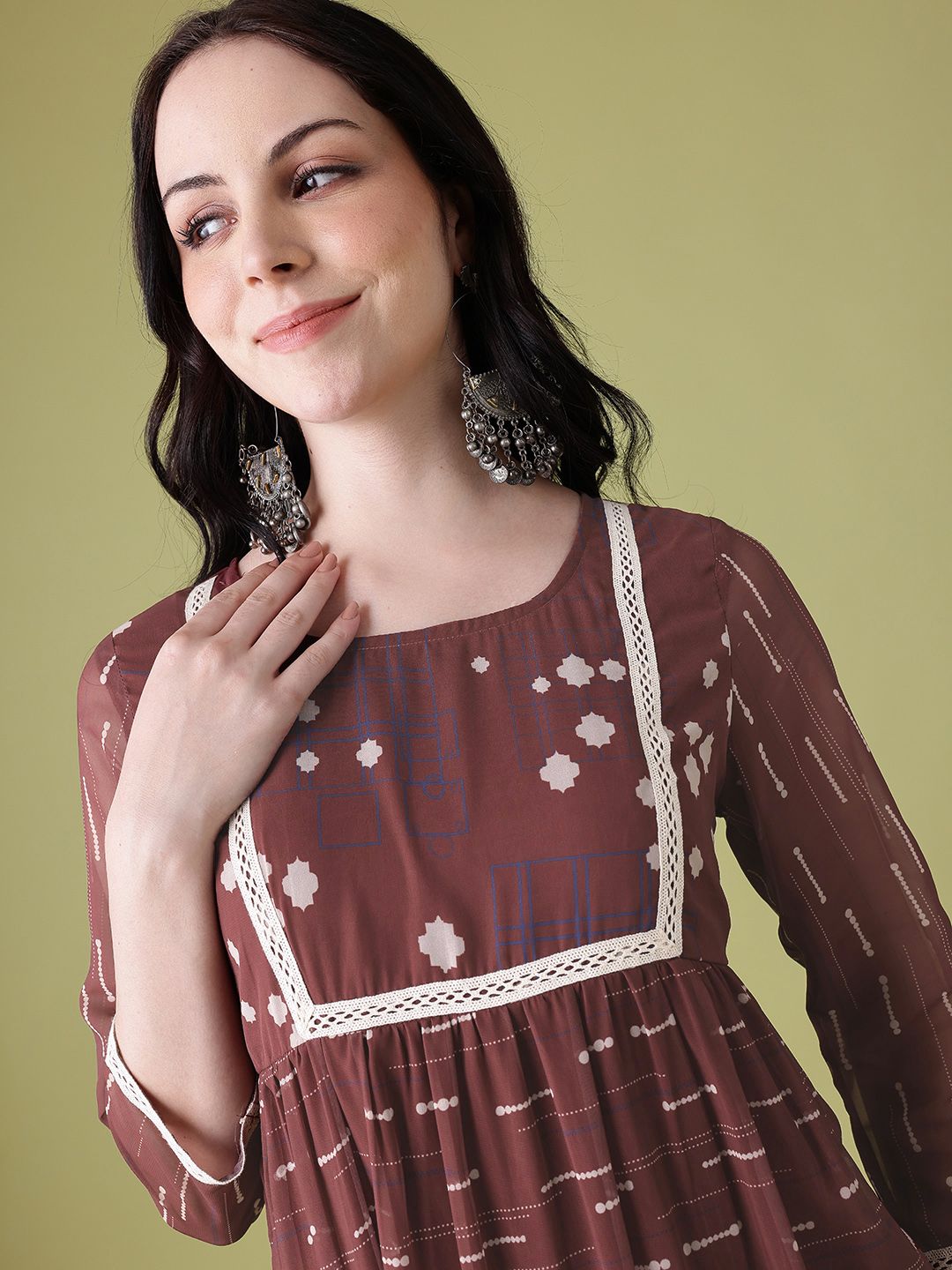 Anouk Ethnic Motifs Print Lace Insert Tiered A-Line Kurta