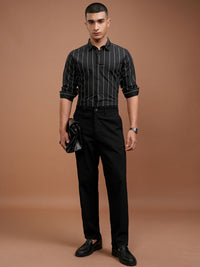 HIGHLANDER Men Black Slim Fit Striped  Cotton Casual Shirt