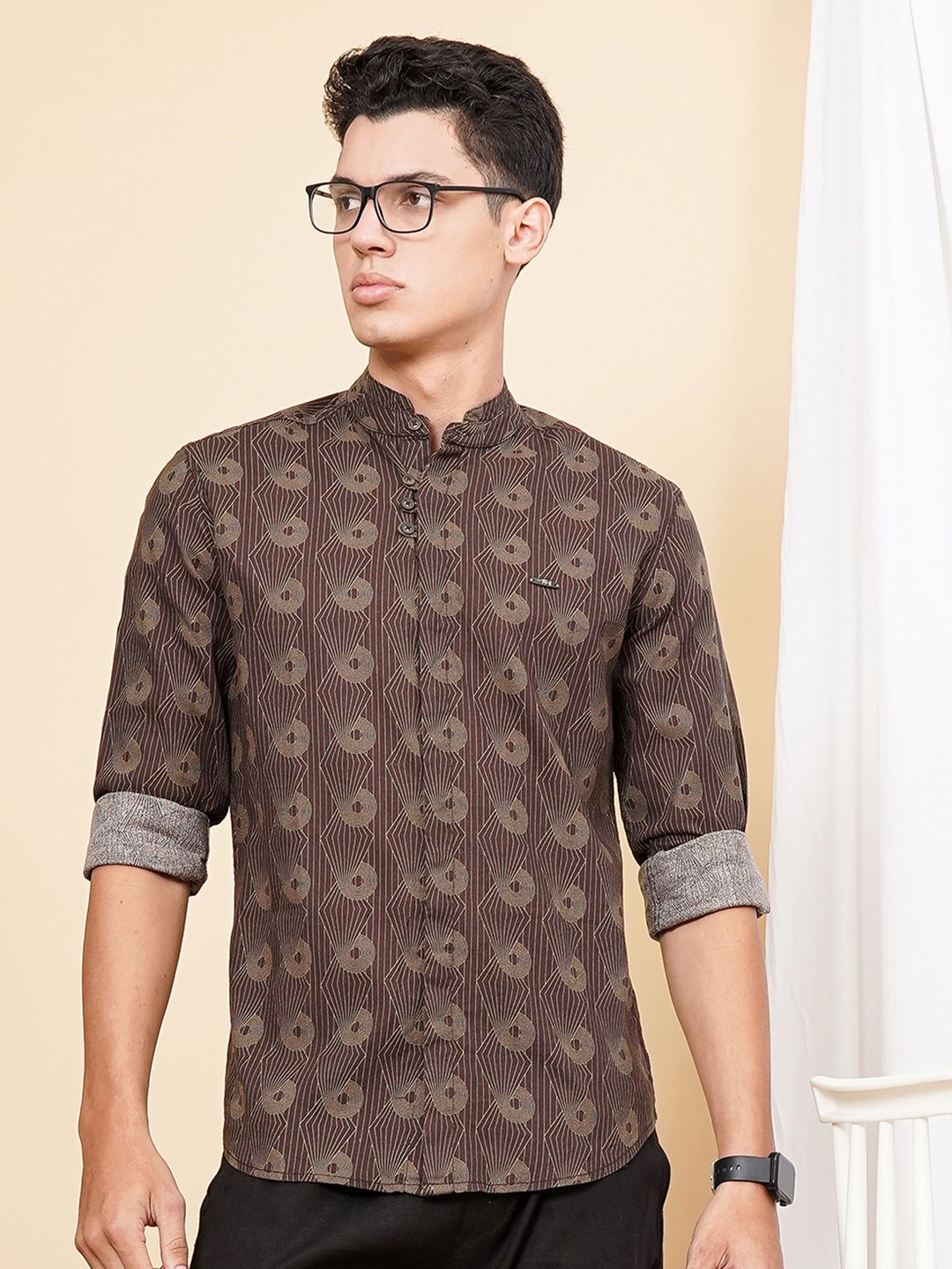 The Indian Garage Co Men Brown & Green Printed Cotton Casual Shirt