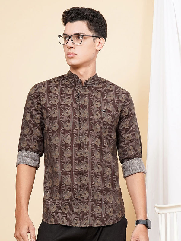 Garage Co Indian Lelaki Brown & Green Printed Cotton Casual Shirt