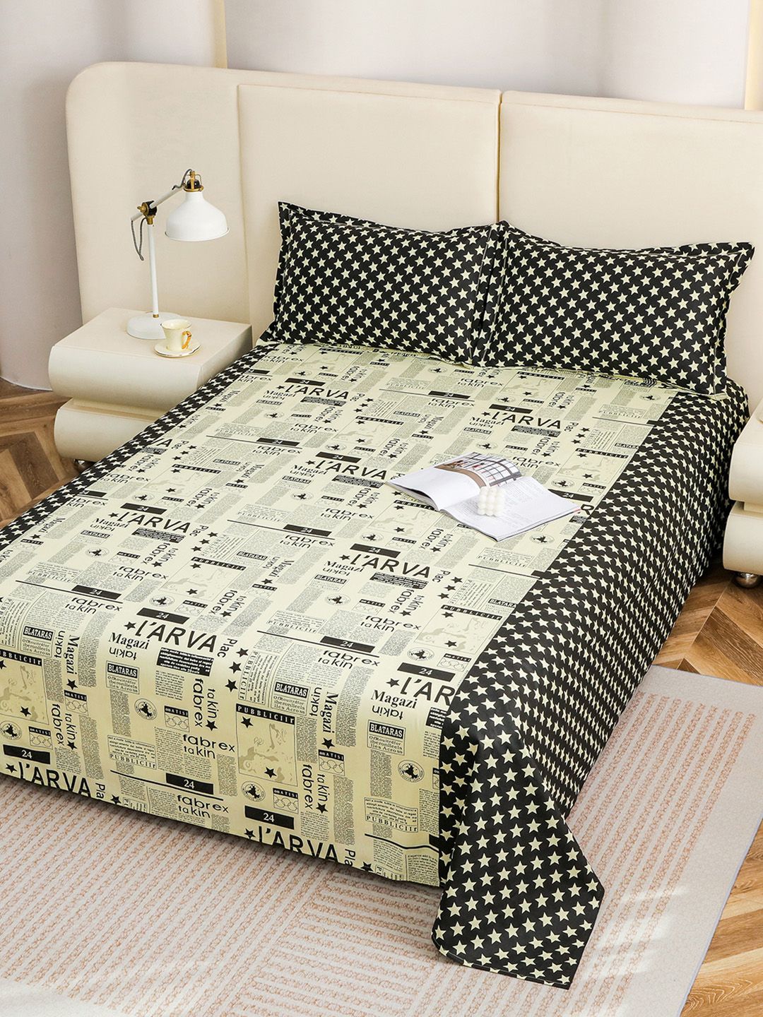 Story@home White Black Cotton 210 TC 1 King Double Bedsheet with 2 Pillow Covers