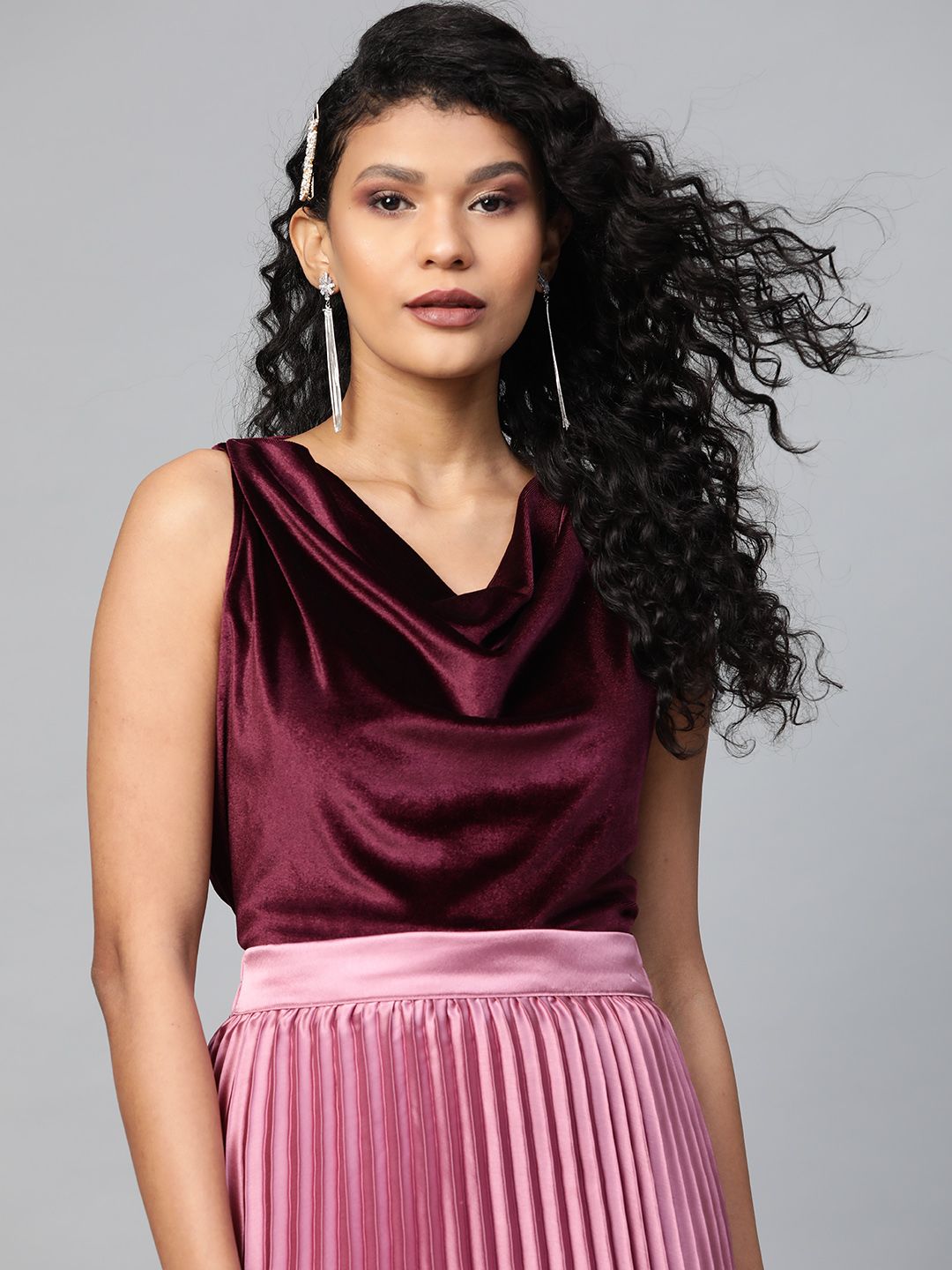 SASSAFRAS Burgundy Velvet Finish Cowl Neck Top