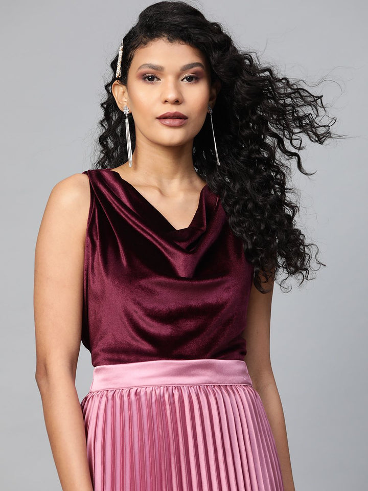 SASSAFRAS Burgundy Velvet Finish Cowl Neck Top